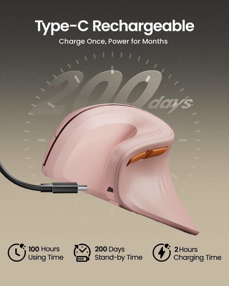 ProtoArc فأرة عمودية مريحة، EM11 NL فأرة لاسلكية قابلة لإعادة الشحن بلوتوث، فأرة مريحة مع 3 أجهزة متعددة للكمبيوتر/المحمول/اللابتوب، 2.4GHz فأرة بصرية لنظام ويندوز، ماك أو إس، وردي - Image 3